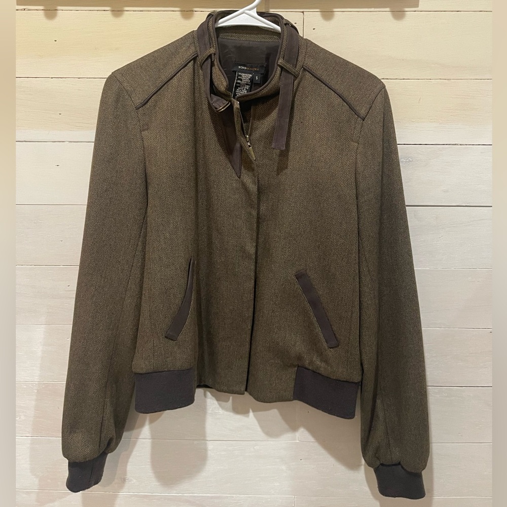 BCBGMaxzria Brown/Green Woven Elbow Patch Jacket